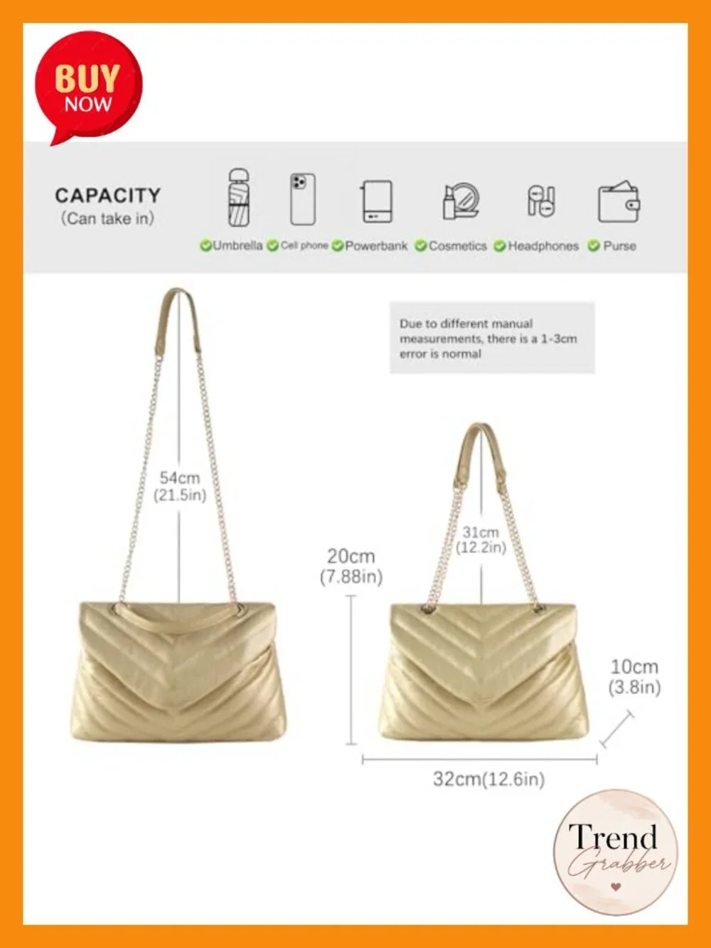 Quilted Vegan Leather Crossbody Bag with Adjustable Chain Strap